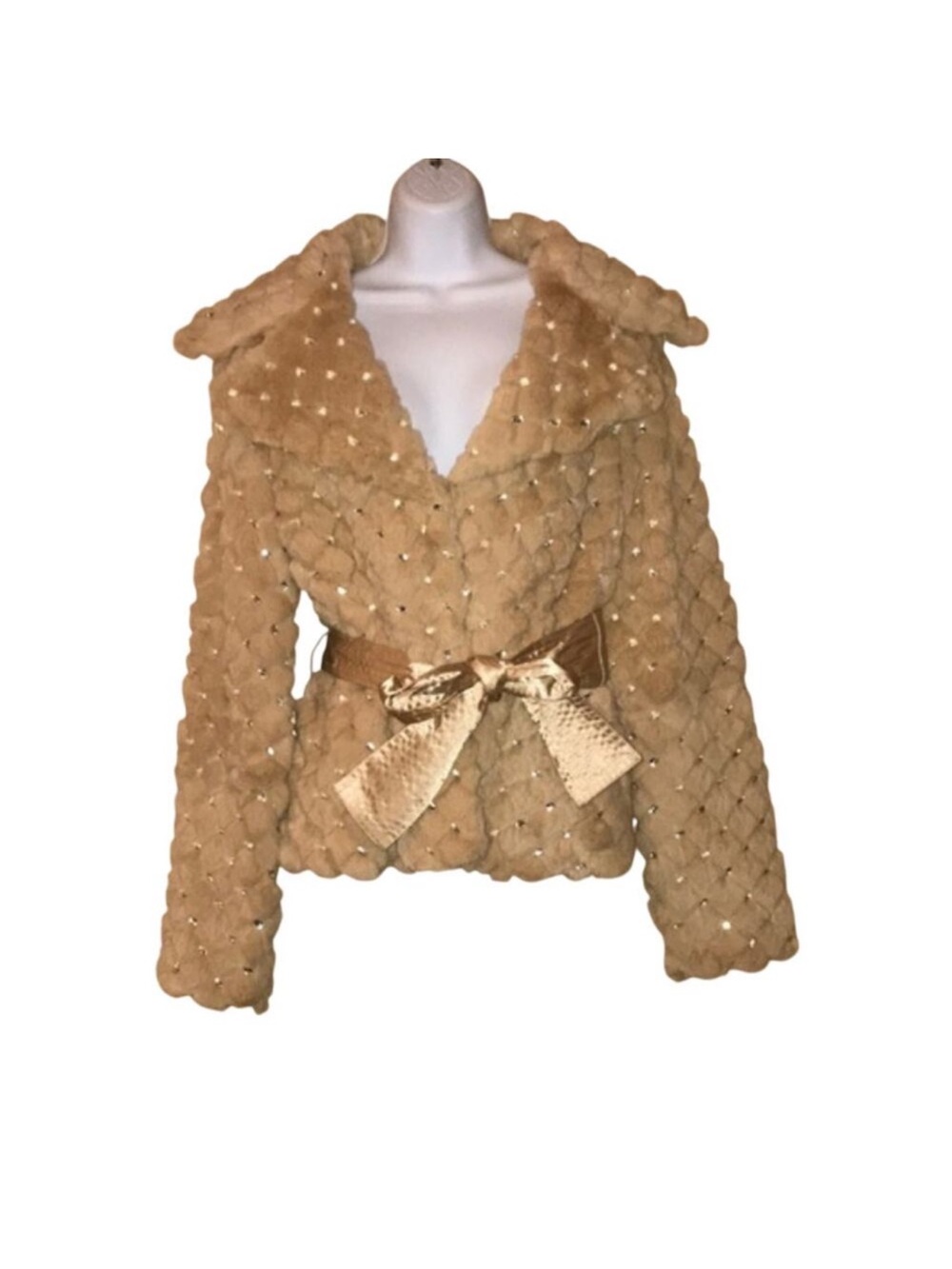 Cache Quilted Faux Fur Teddy Jacket in Beige with Satin Belt